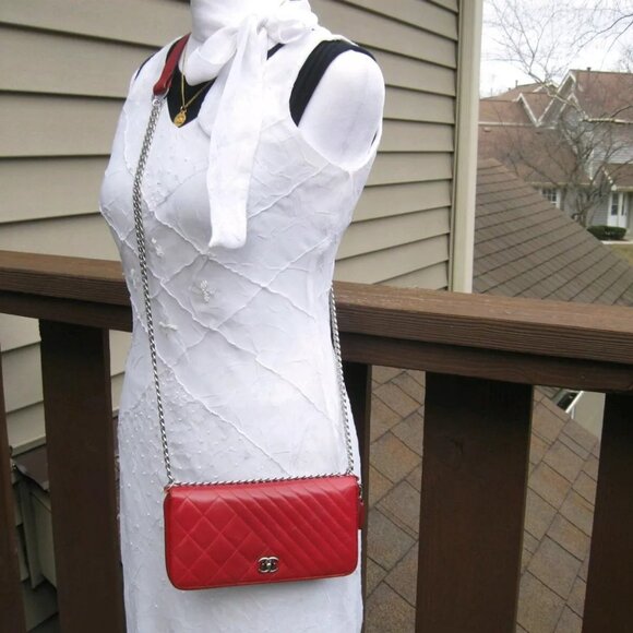 Vintage Handbags - Vintage Chanel Red Rose Lambskin Leather Long Bag Wallet
